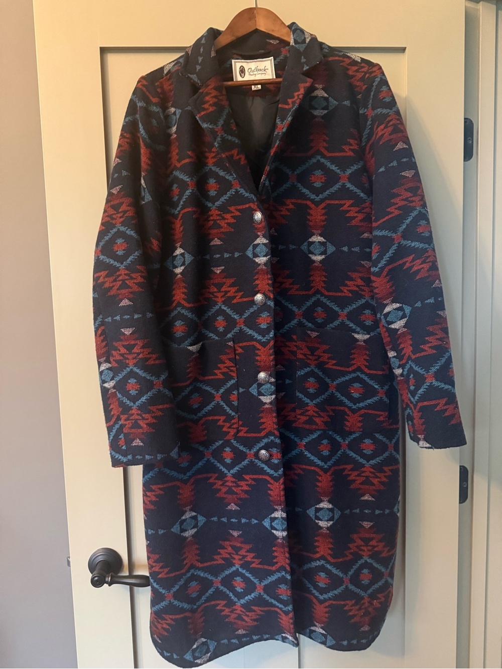 Outback Brooklyn Navy and Red Aztec-Style Long Blazer Coat